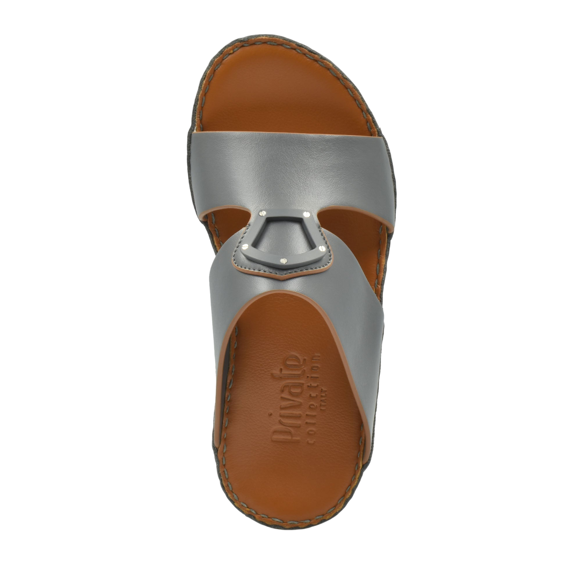 Top view of natural leather slide shoes in gray with brown footbed from Private collection