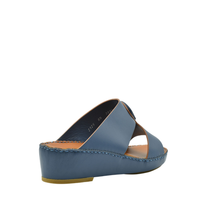 Blue natural leather slide shoes with open toe and low wedge heel from private collection