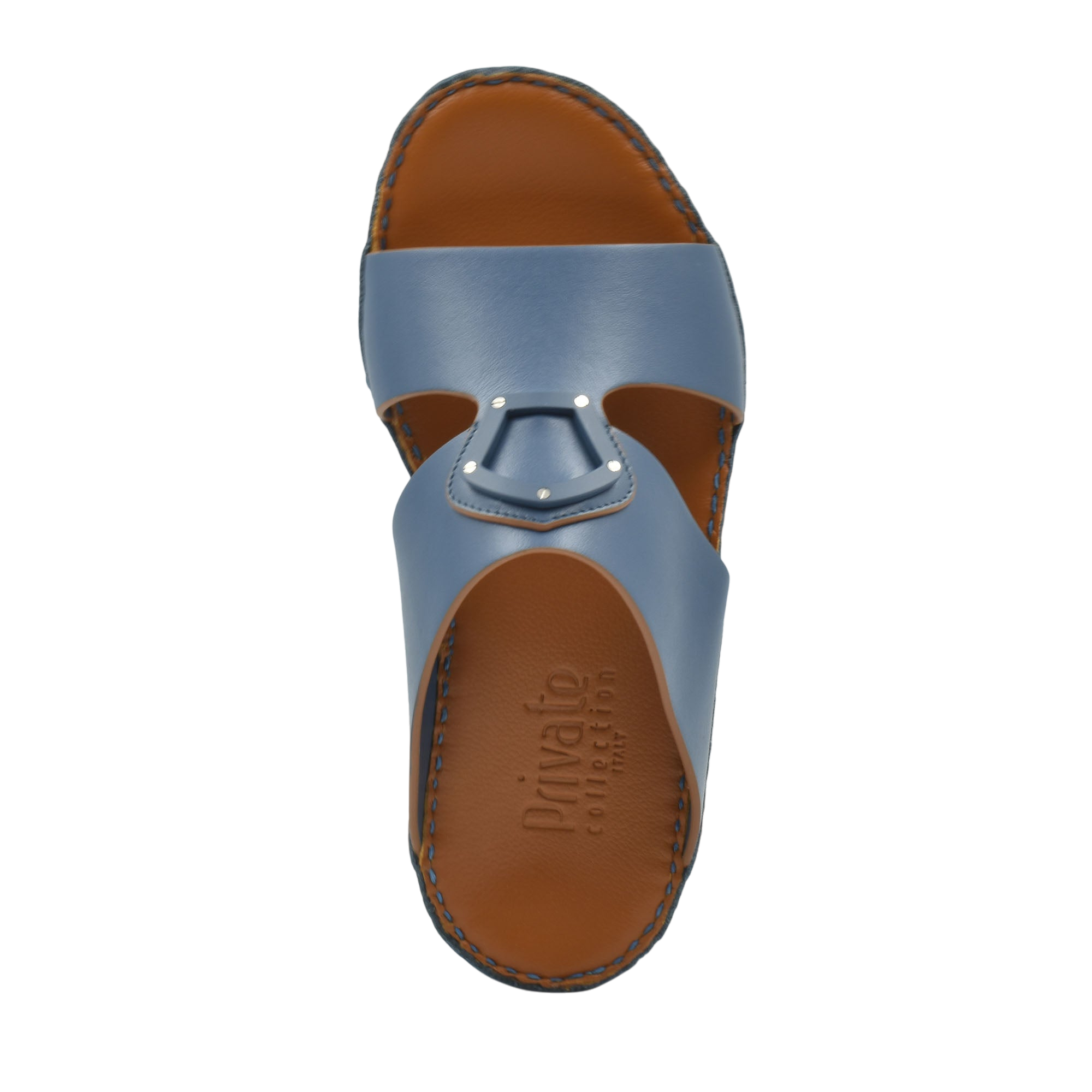 Blue and brown natural leather slide shoes from Private collection with stitched sole detail