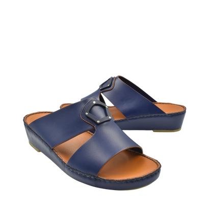 Blue natural leather slide shoes with open toe and cushioned brown footbed for comfortable wear