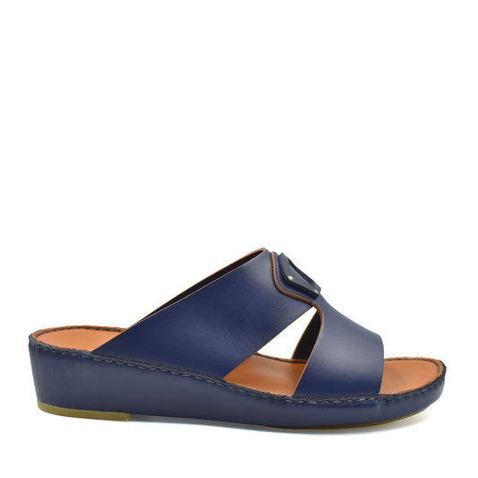 Blue natural leather slide shoes with cushioned sole and adjustable buckle from private collection