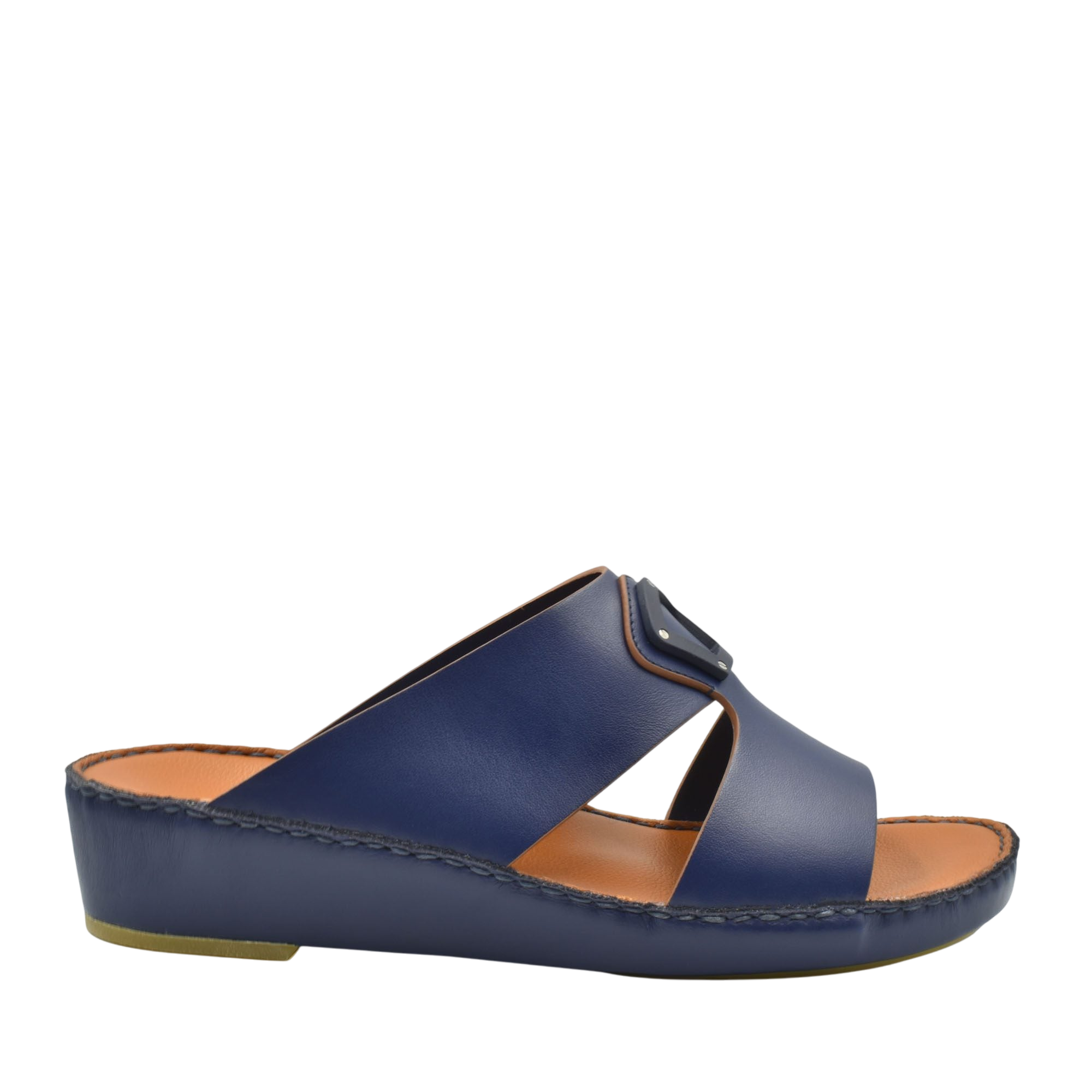 Blue natural leather slide shoes with cushioned sole and adjustable buckle from private collection