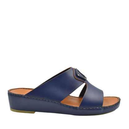 Blue natural leather slide shoes with cushioned sole and adjustable buckle from private collection
