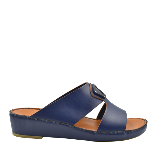 Blue natural leather slide shoes with cushioned sole and adjustable buckle from private collection