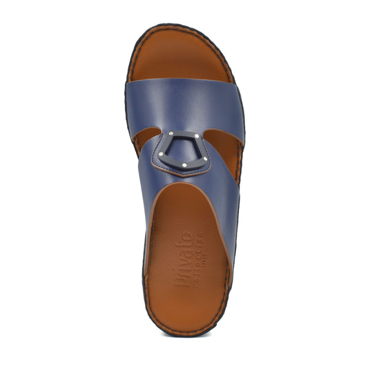 Blue natural leather slide shoes with brown cushioned sole from Private collection