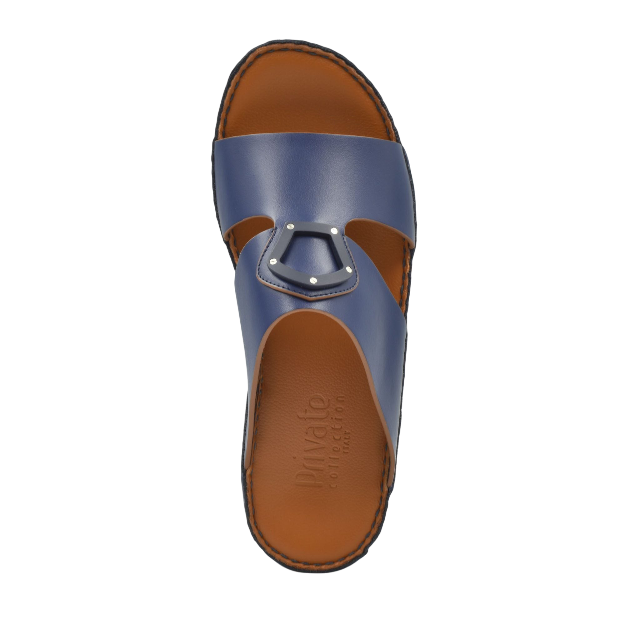 Blue natural leather slide shoes with brown cushioned sole from Private collection