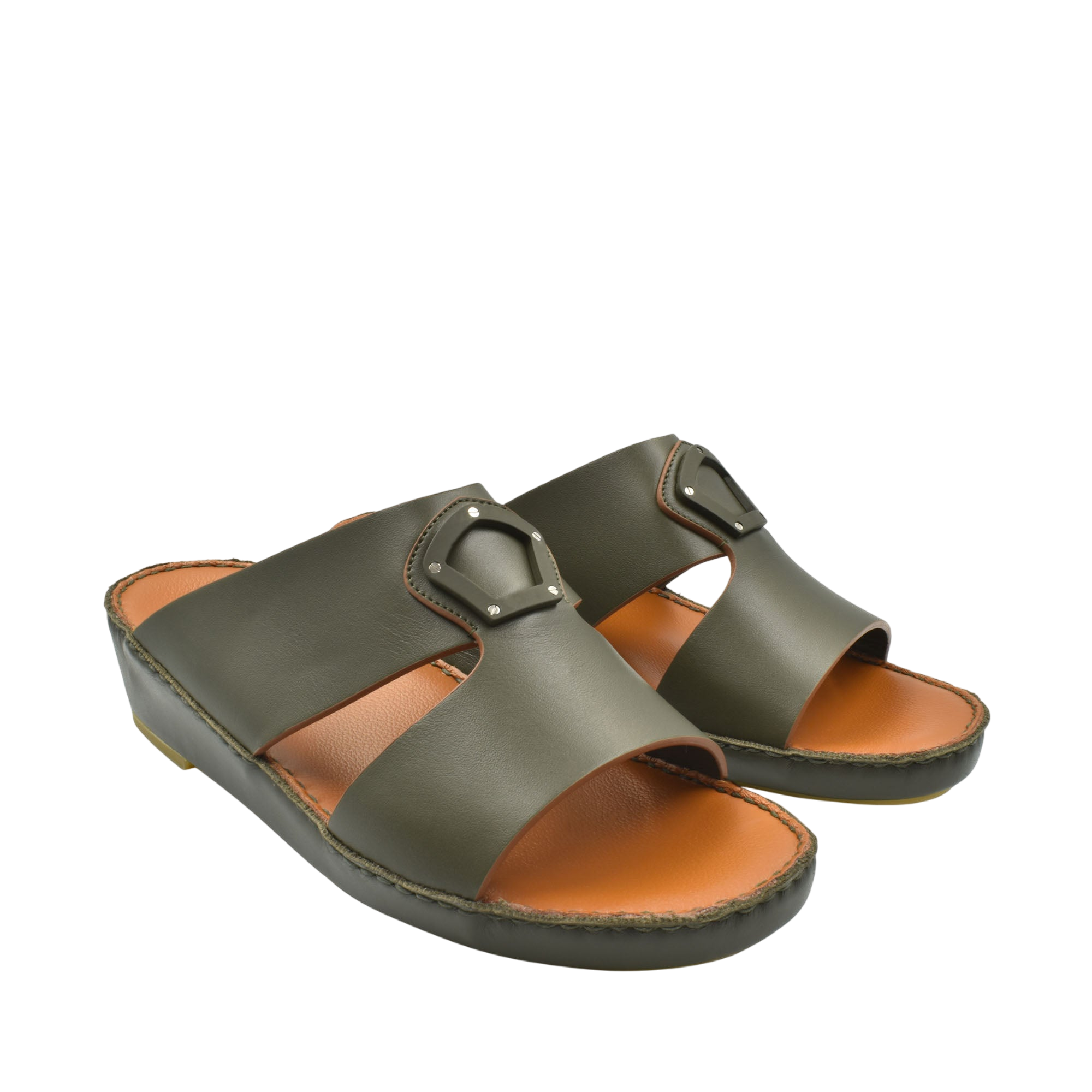 Pair of olive green natural leather slide shoes with cushioned tan footbed and stitched sole