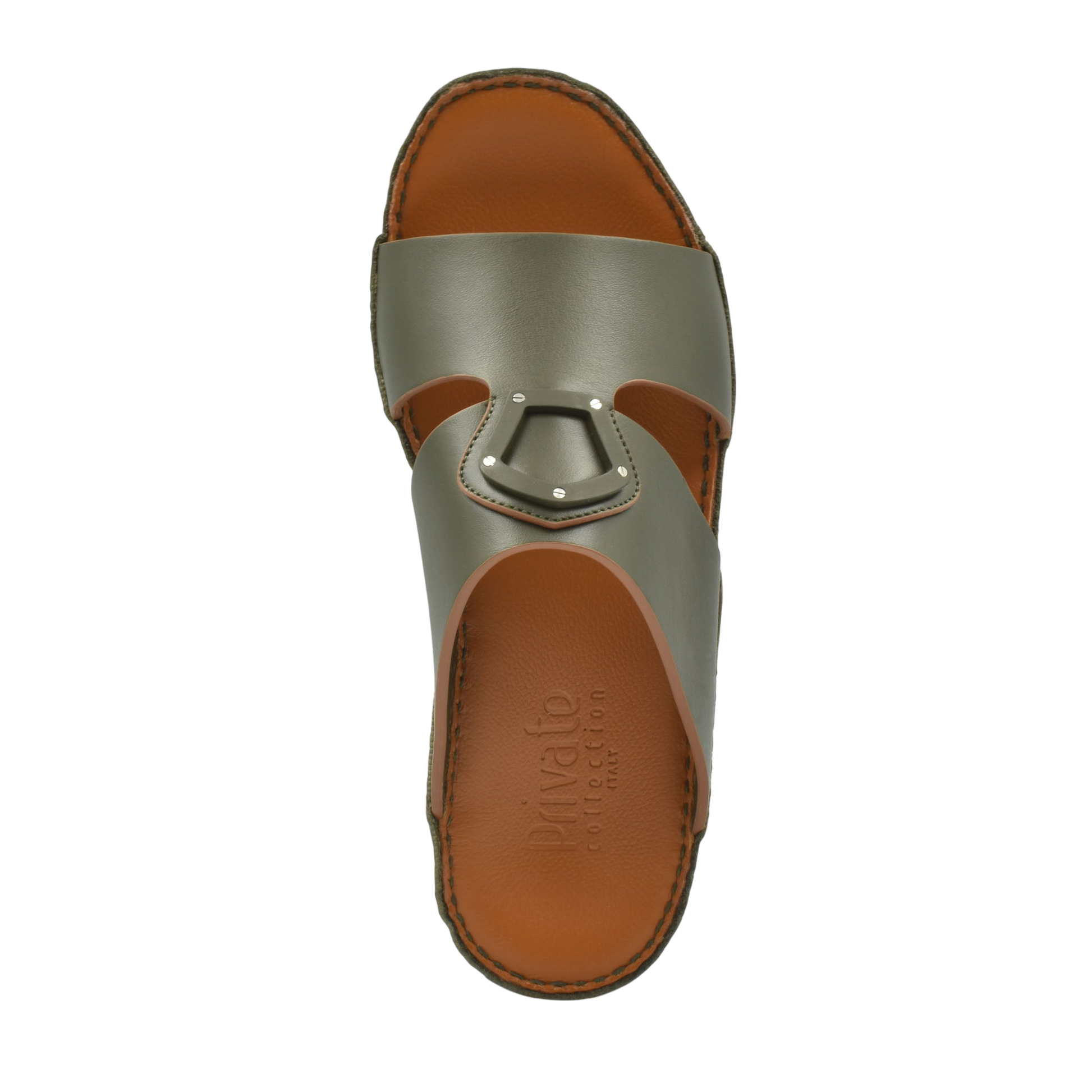 Private collection natural leather slide shoes with brown footbed and olive upper strap