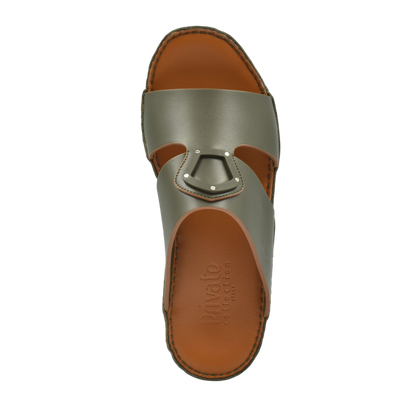 Private collection natural leather slide shoes with brown footbed and olive upper strap