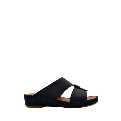 Private rubbercalf kids sandal in black slip-on style with cushioned sole and adjustable buckle