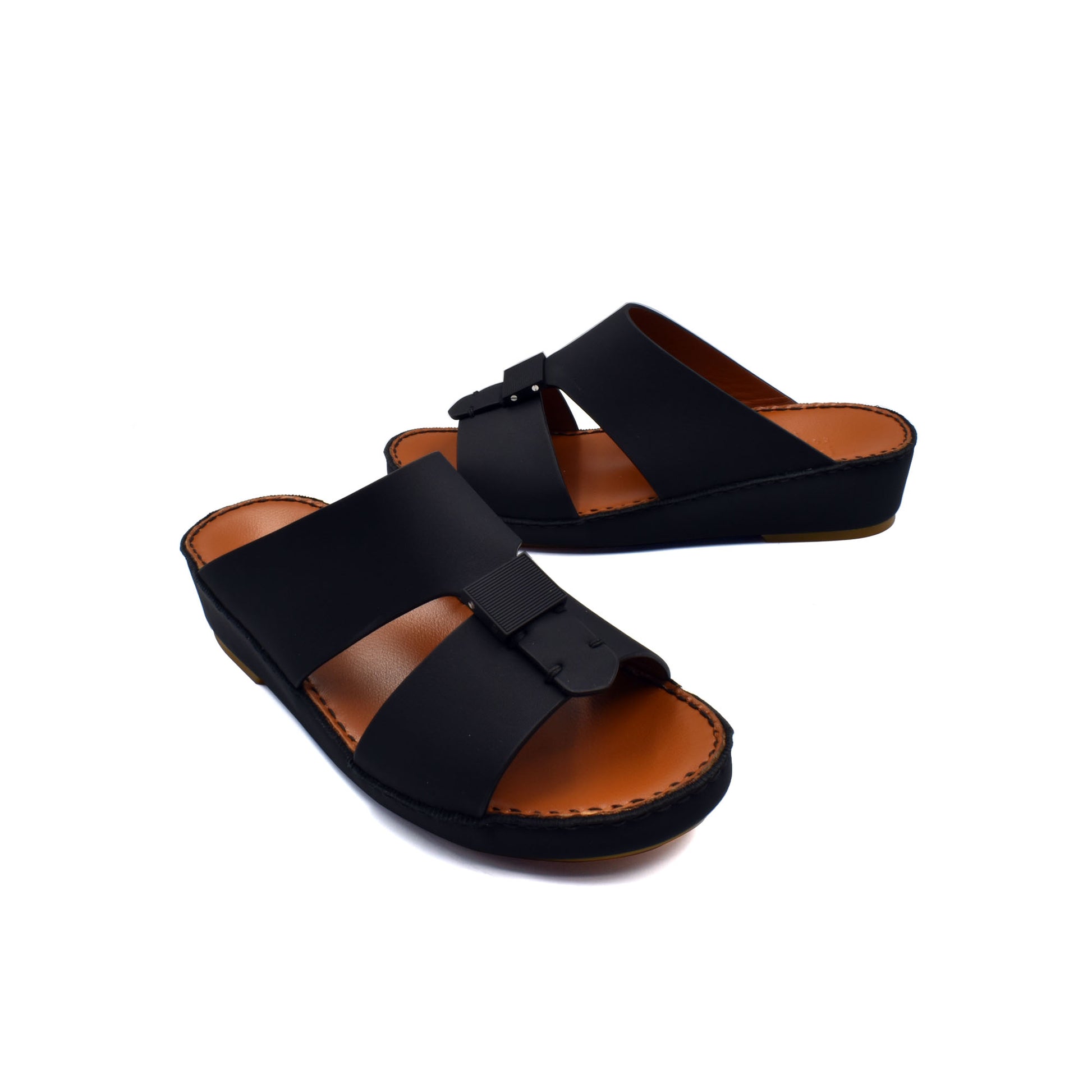 Private rubbercalf kids sandal in black with wide straps and cushioned brown sole for comfort