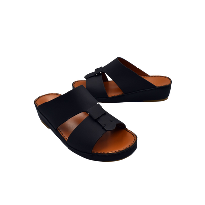 Private rubbercalf kids sandal in black with wide straps and cushioned brown sole for comfort