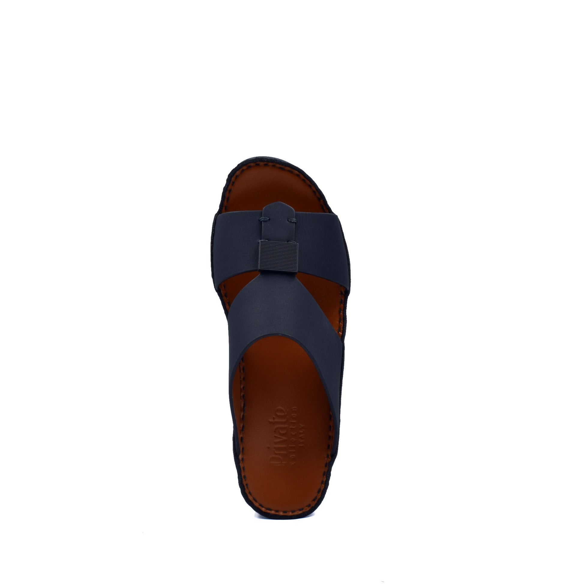 Top view of private rubbercalf kids sandal in navy blue with brown sole and buckle detail