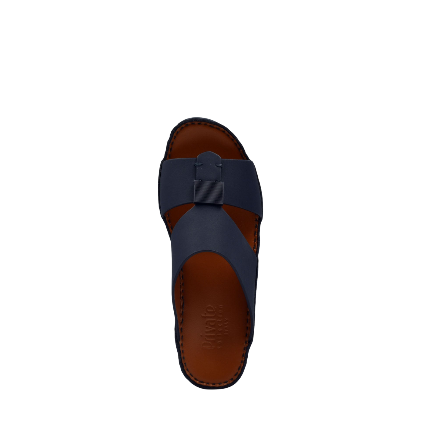 Top view of private rubbercalf kids sandal in navy blue with brown sole and buckle detail