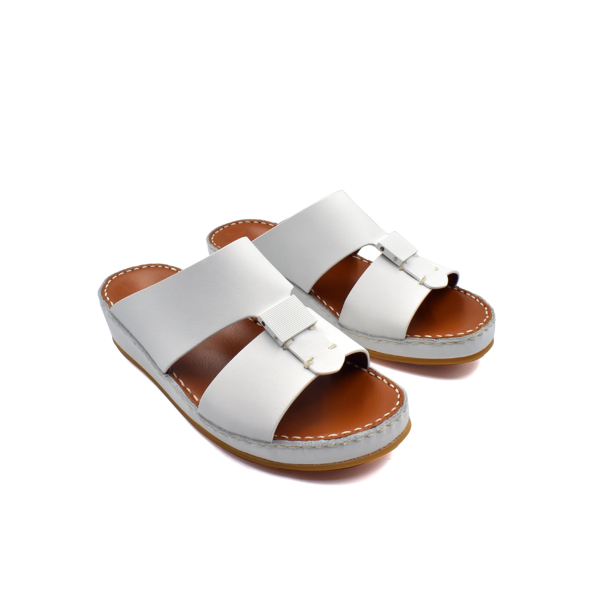 White private rubbercalf kids sandal with adjustable buckle and brown sole for comfortable wear
