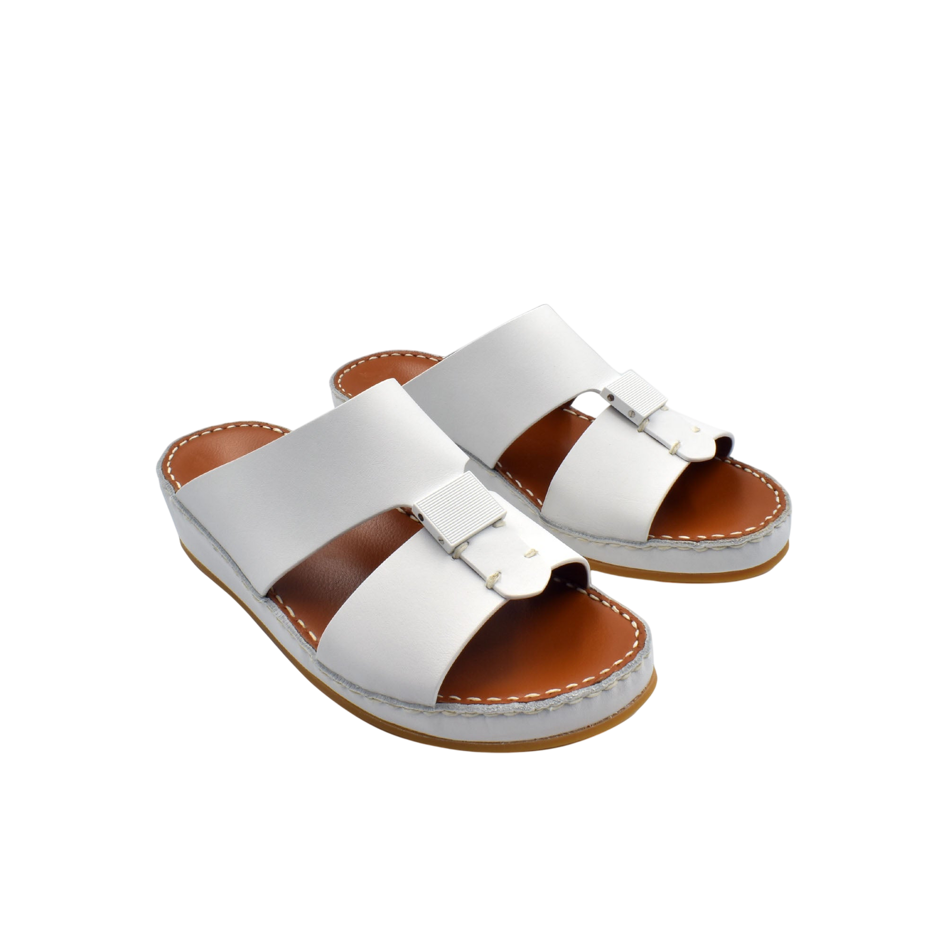 White private rubbercalf kids sandal with adjustable buckle and brown sole for comfortable wear