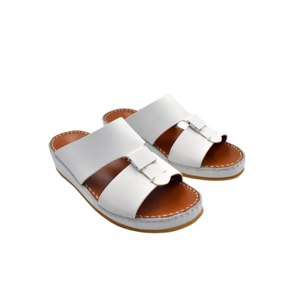 White private rubbercalf kids sandal with adjustable buckle and brown sole for comfortable wear