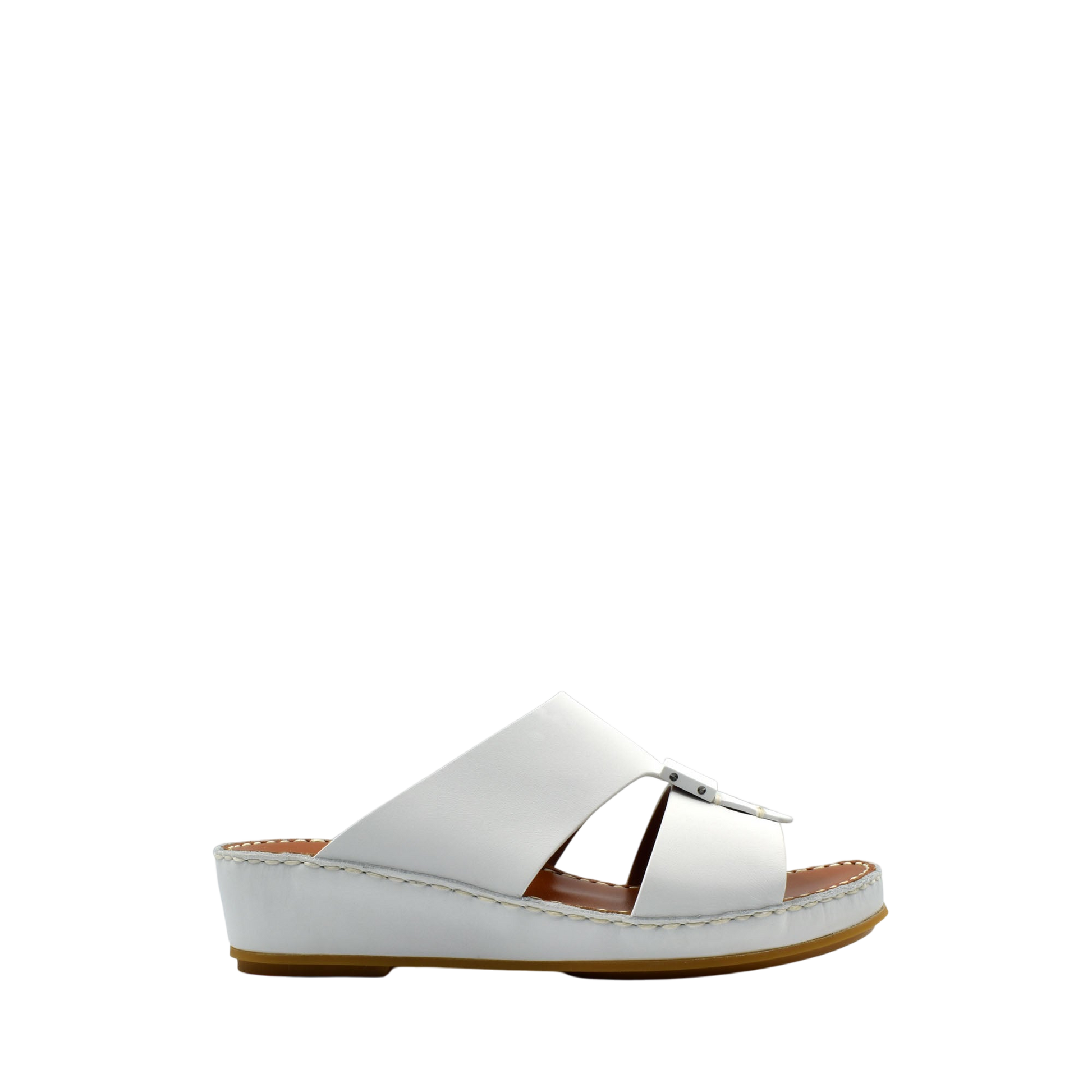 White private rubbercalf kids sandal with adjustable strap and cushioned sole in side view