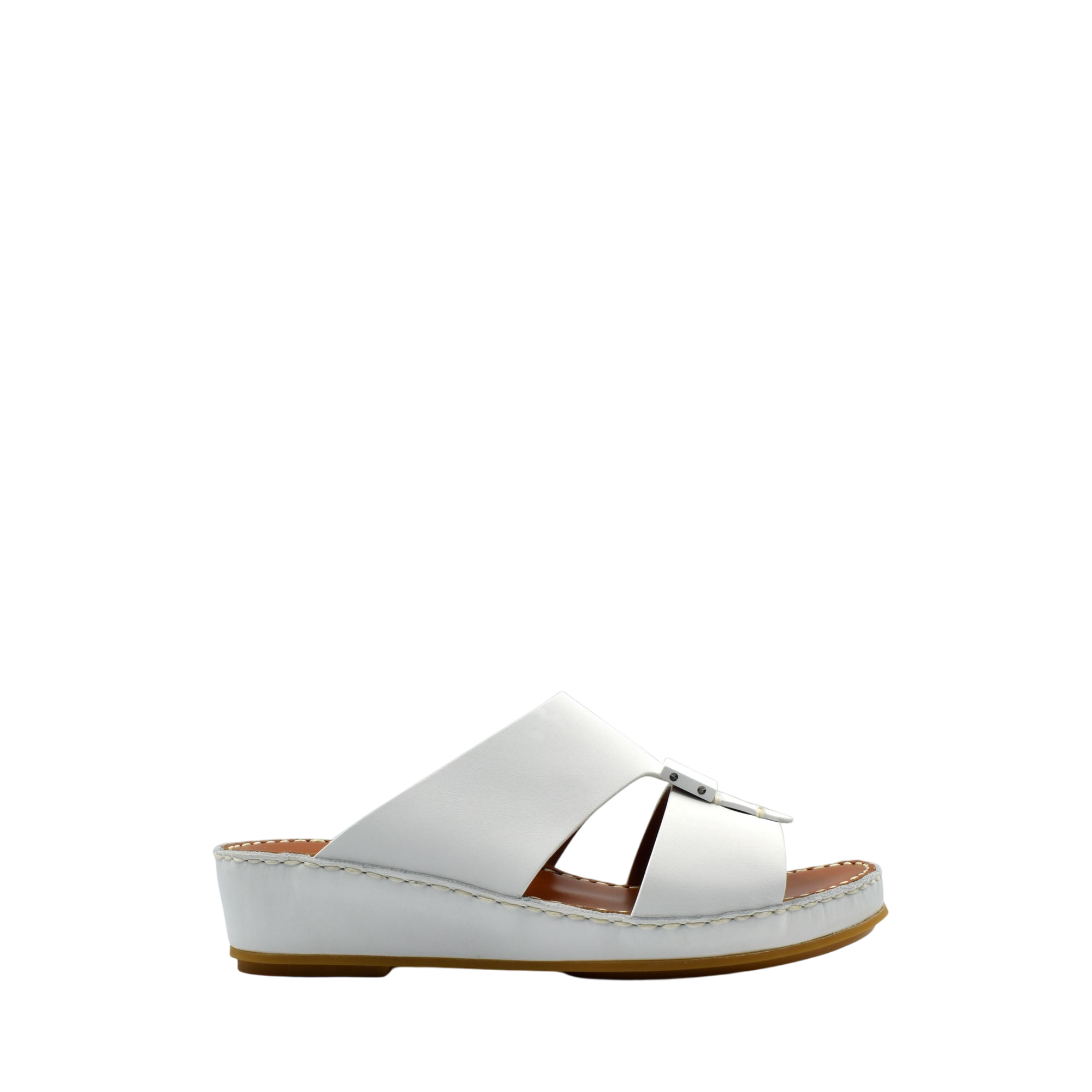 White private rubbercalf kids sandal with adjustable strap and cushioned sole in side view