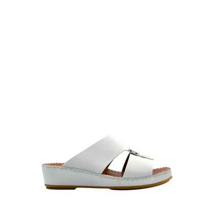 White private rubbercalf kids sandal with adjustable strap and cushioned sole in side view