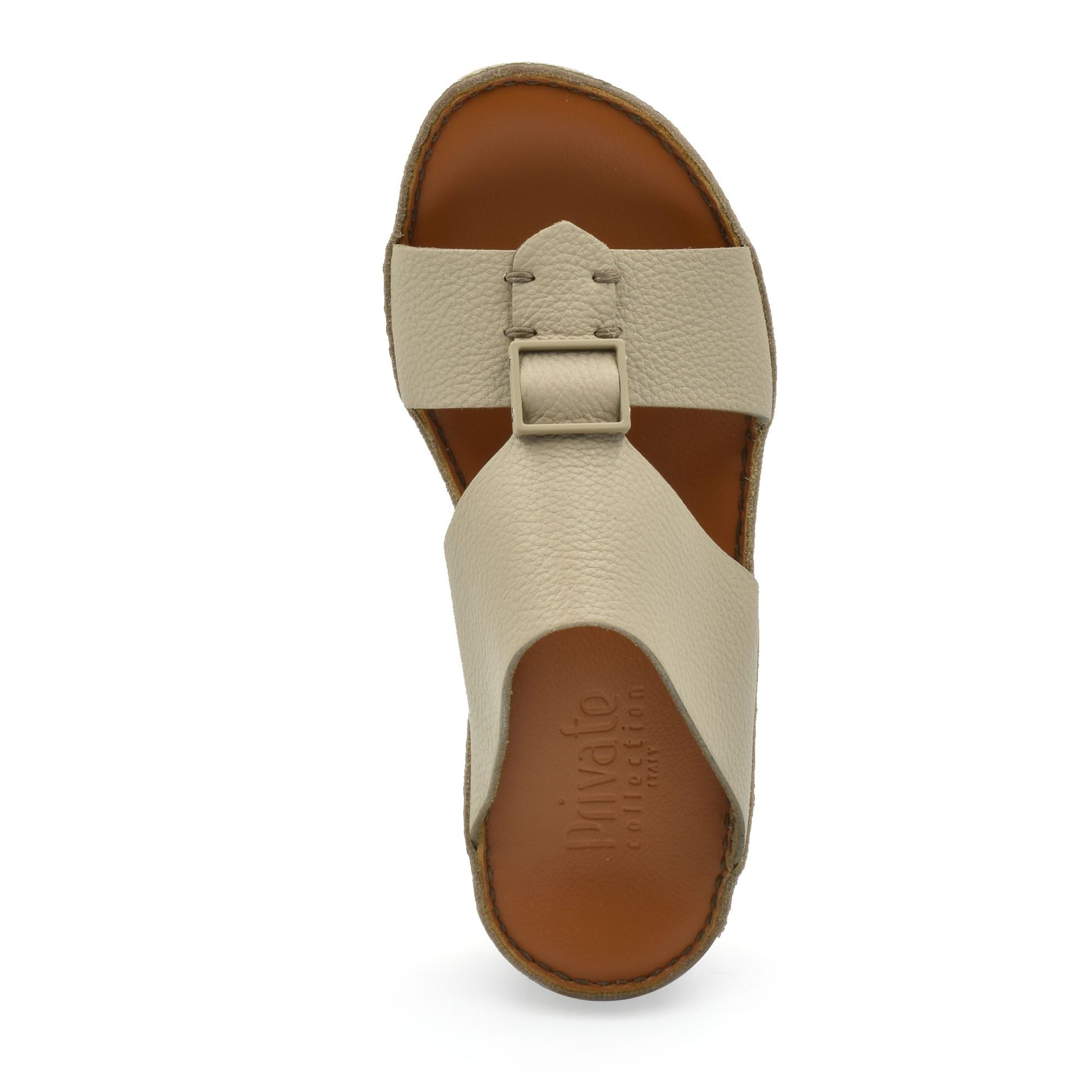 Private Collection beige classic leather sandals with buckle strap and brown footbed