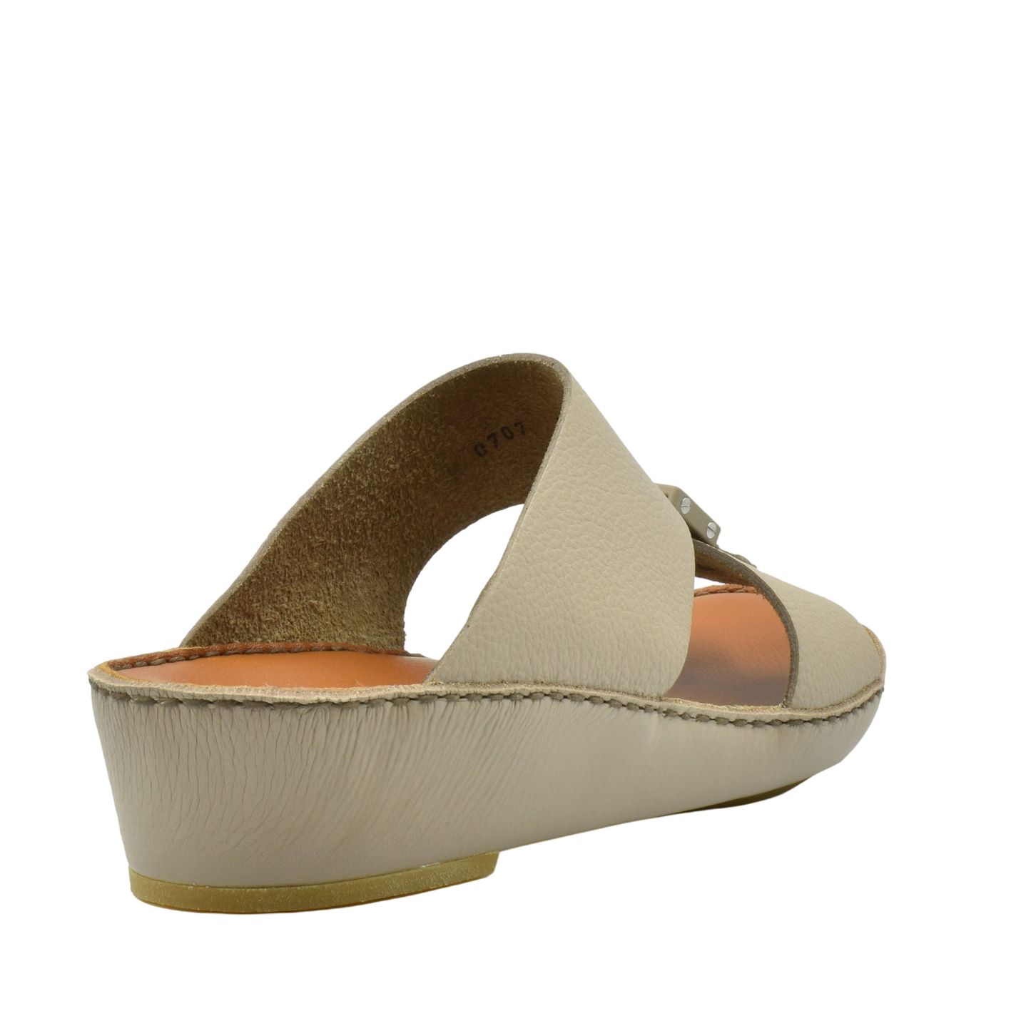 Beige classic leather sandals with low wedge heel and open toe design from Private Collection
