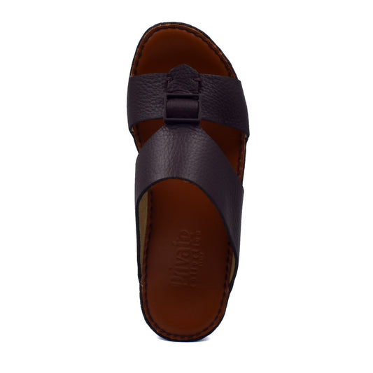Private Collection classic leather sandals in dark brown with cross strap design and stitched sole