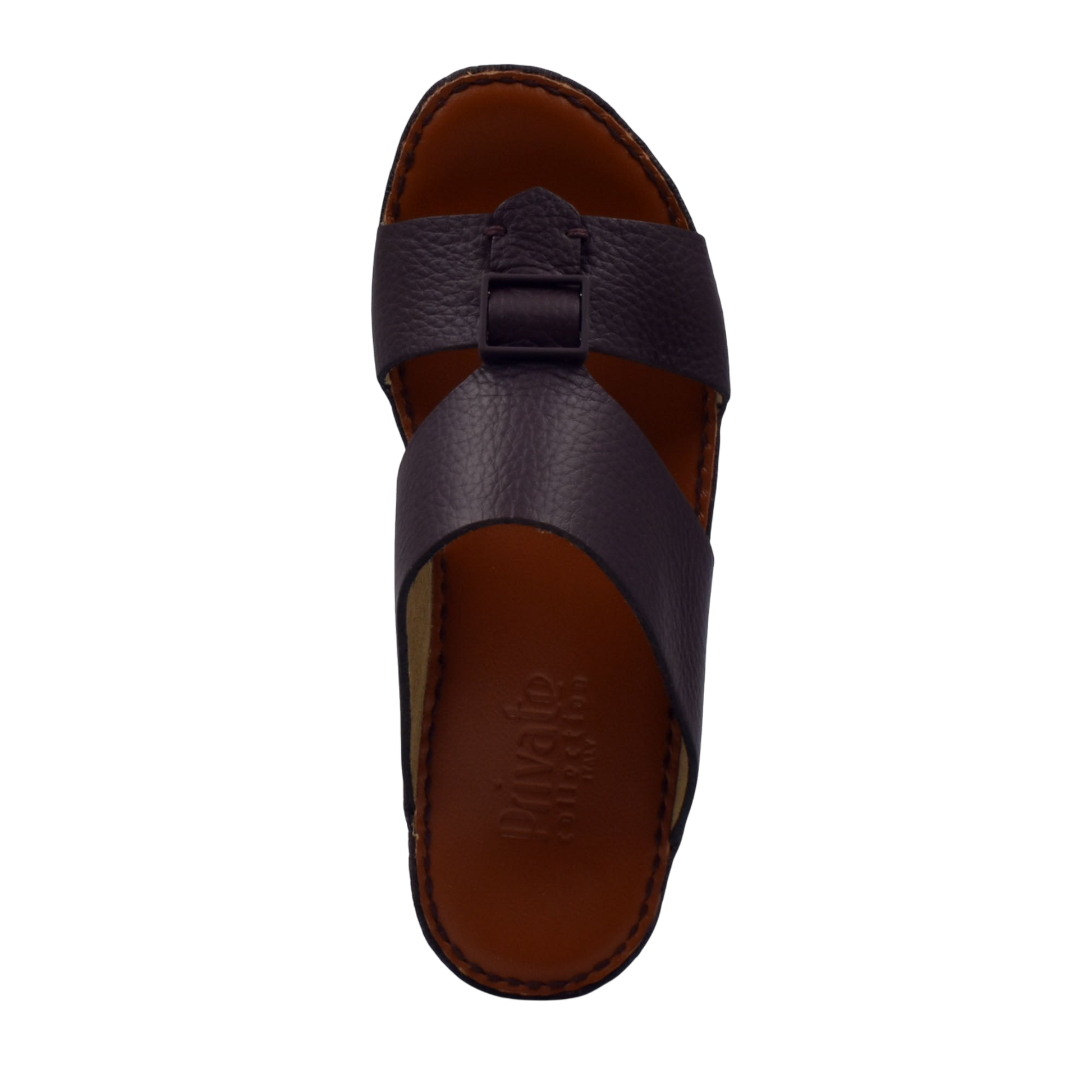 Private Collection classic leather sandals in dark brown with cross strap design and stitched sole