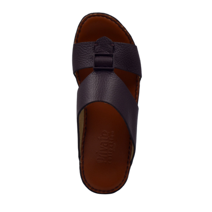 Private Collection classic leather sandals in dark brown with cross strap design and stitched sole