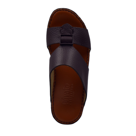 Private Collection classic leather sandals in dark brown with cross strap design and stitched sole
