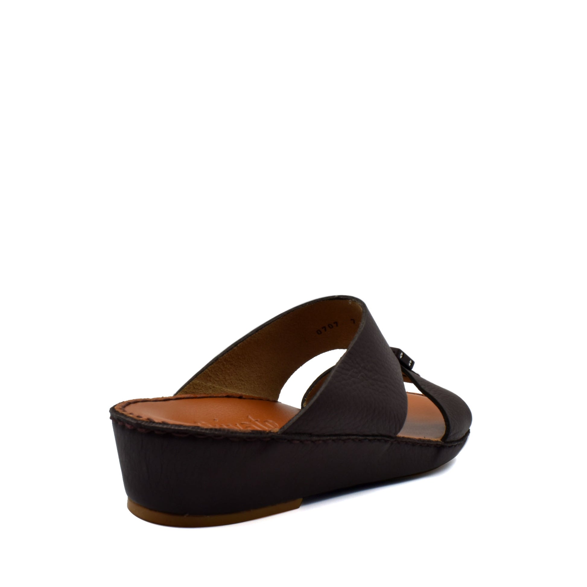 Private Collection classic leather sandals in dark brown with a wedge heel and thong design