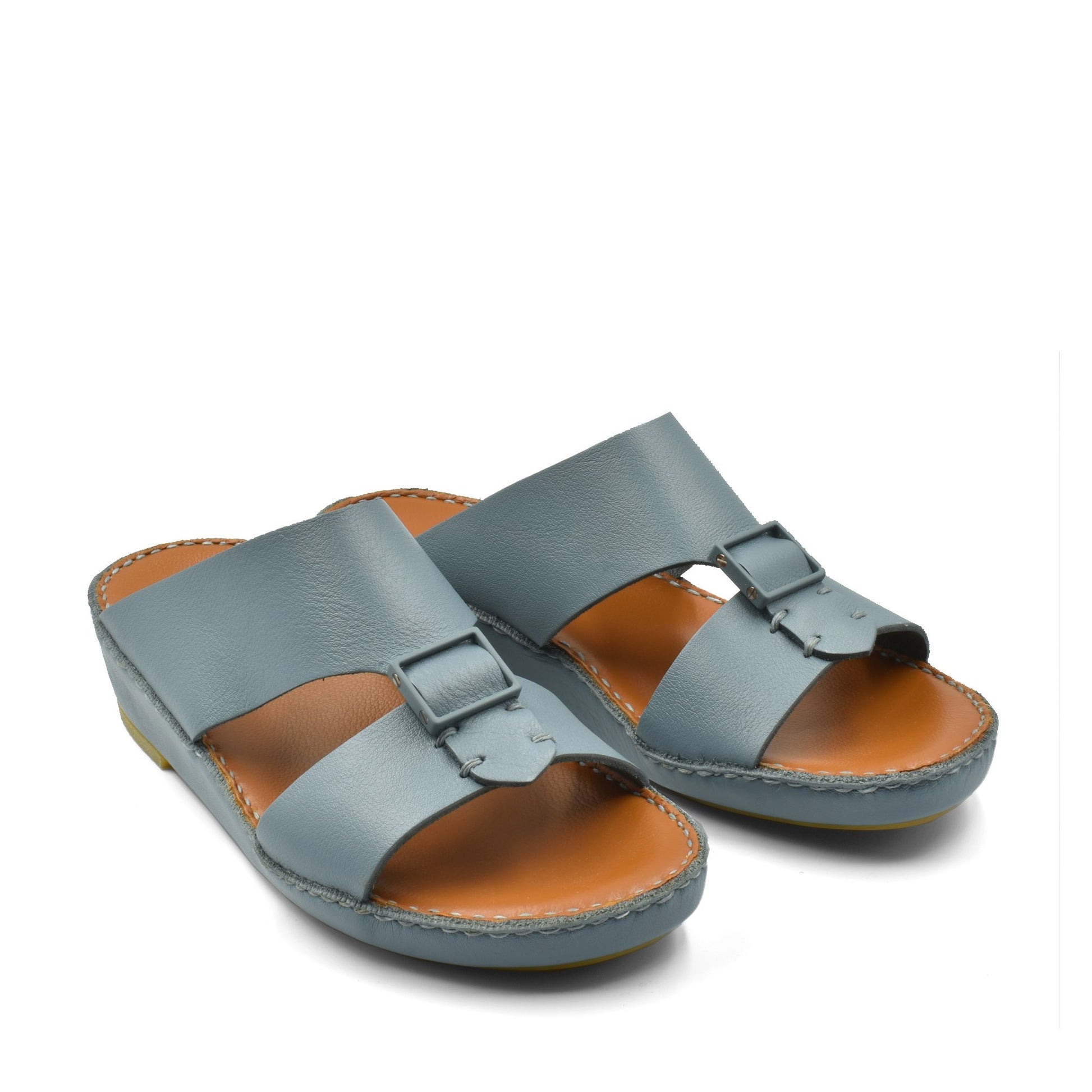 Private Collection classic leather sandals in gray with adjustable buckle straps and cushioned footbed