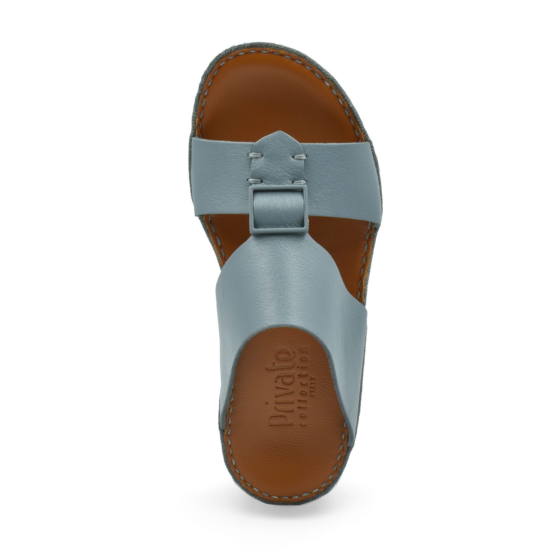 Top view of blue classic leather sandals with brown sole and adjustable strap