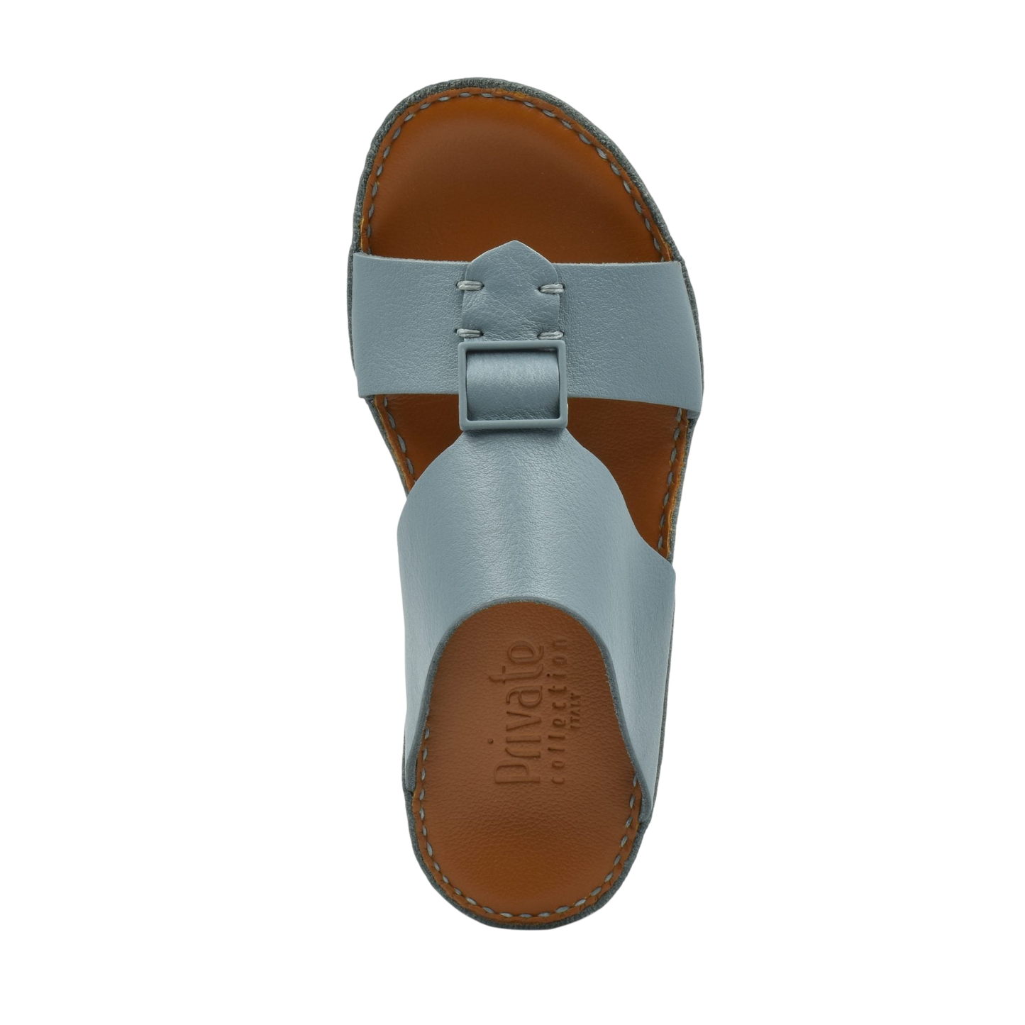 Top view of blue classic leather sandals with brown sole and adjustable strap