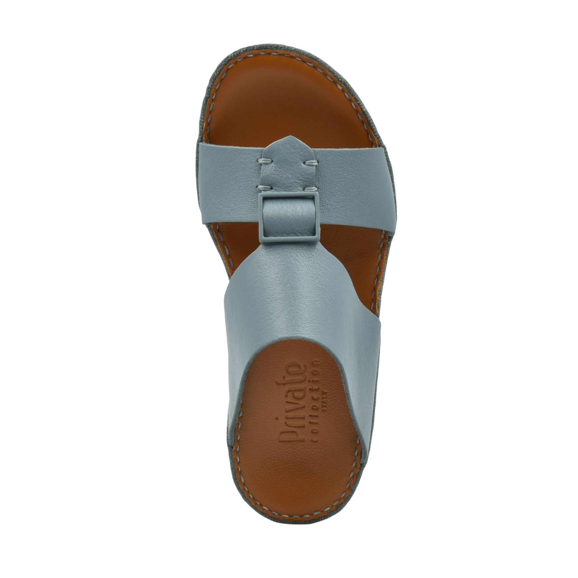 Top view of blue classic leather sandals with brown sole and adjustable strap