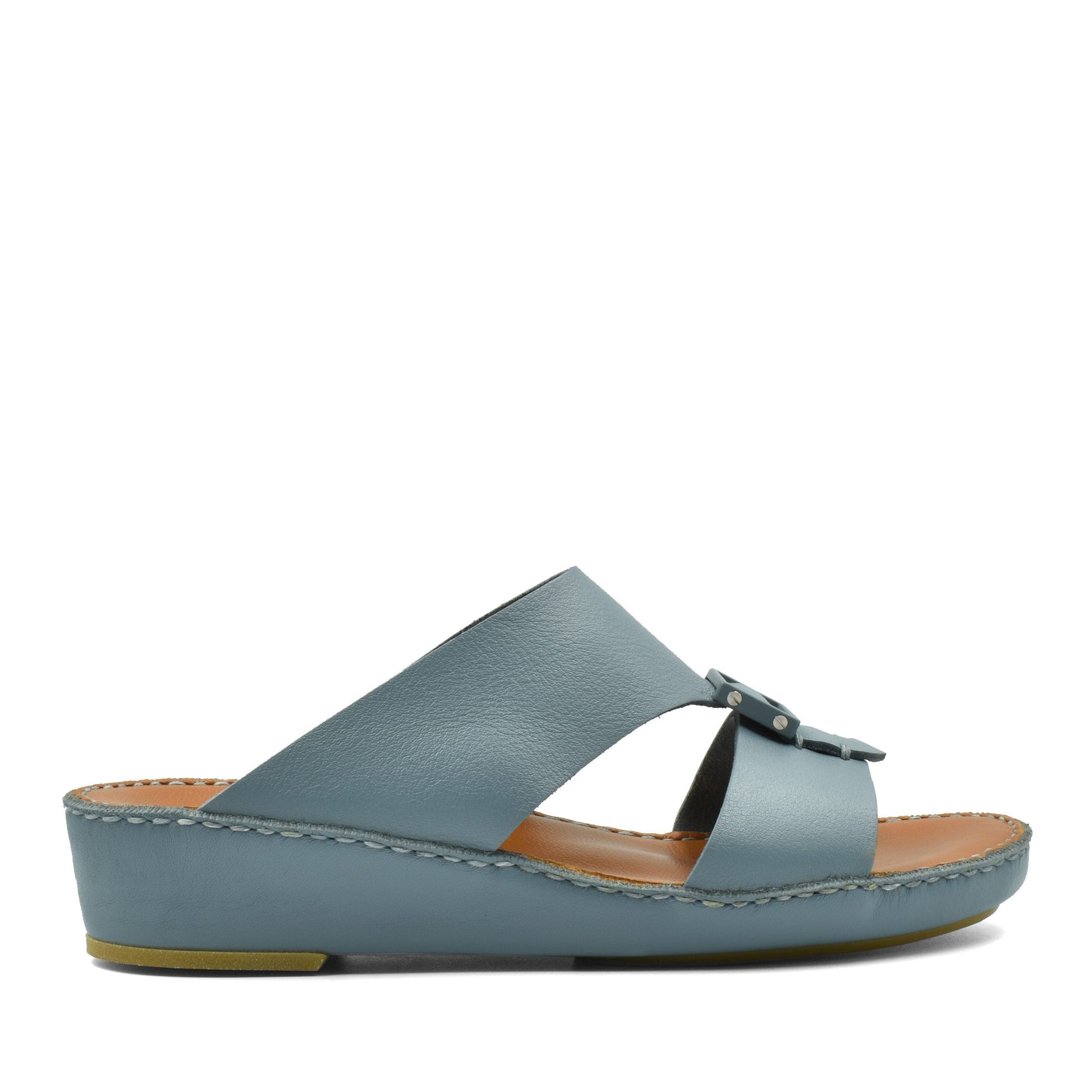 Blue classic leather sandals with a low wedge heel and open toe design for casual wear