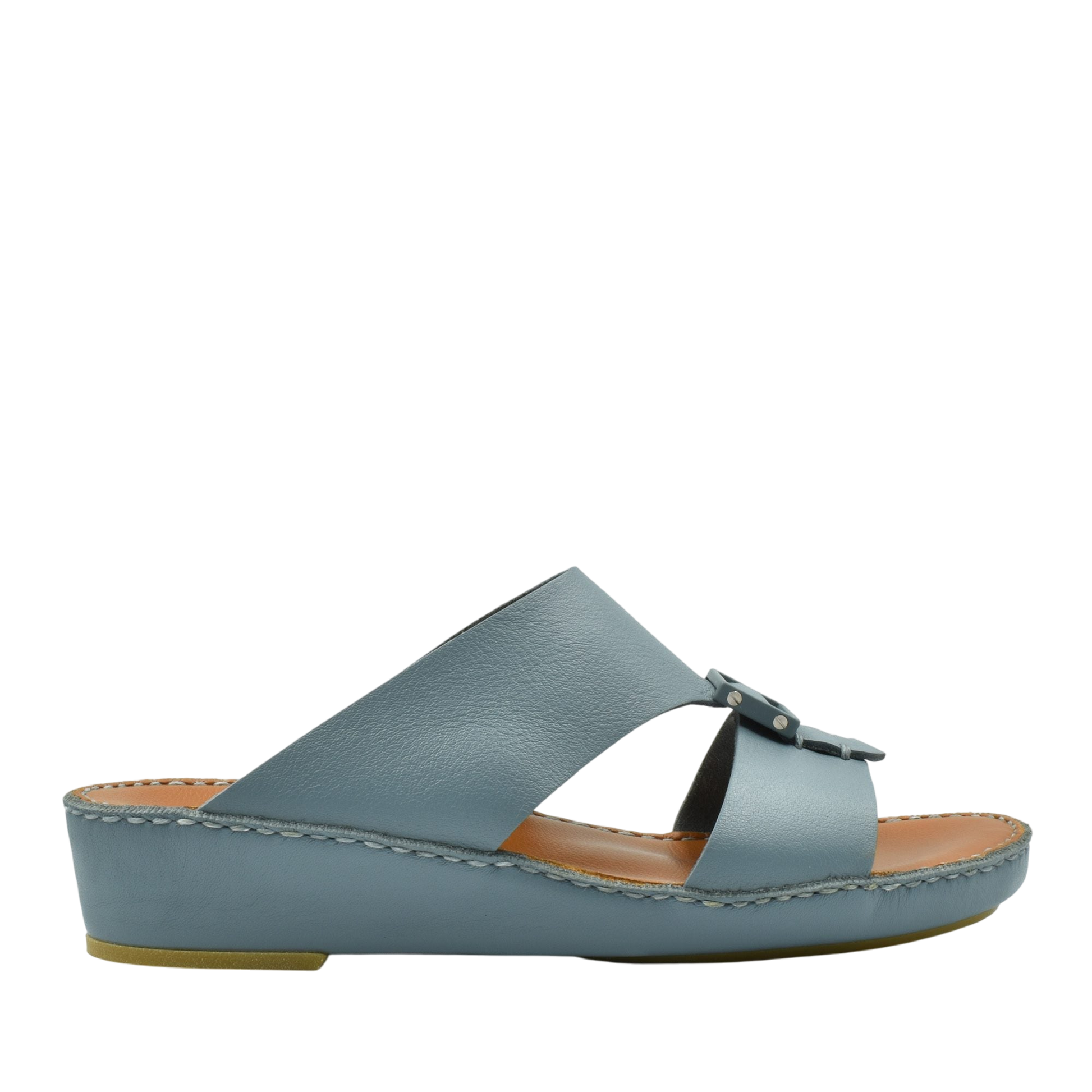 Blue classic leather sandals with a low wedge heel and open toe design for casual wear