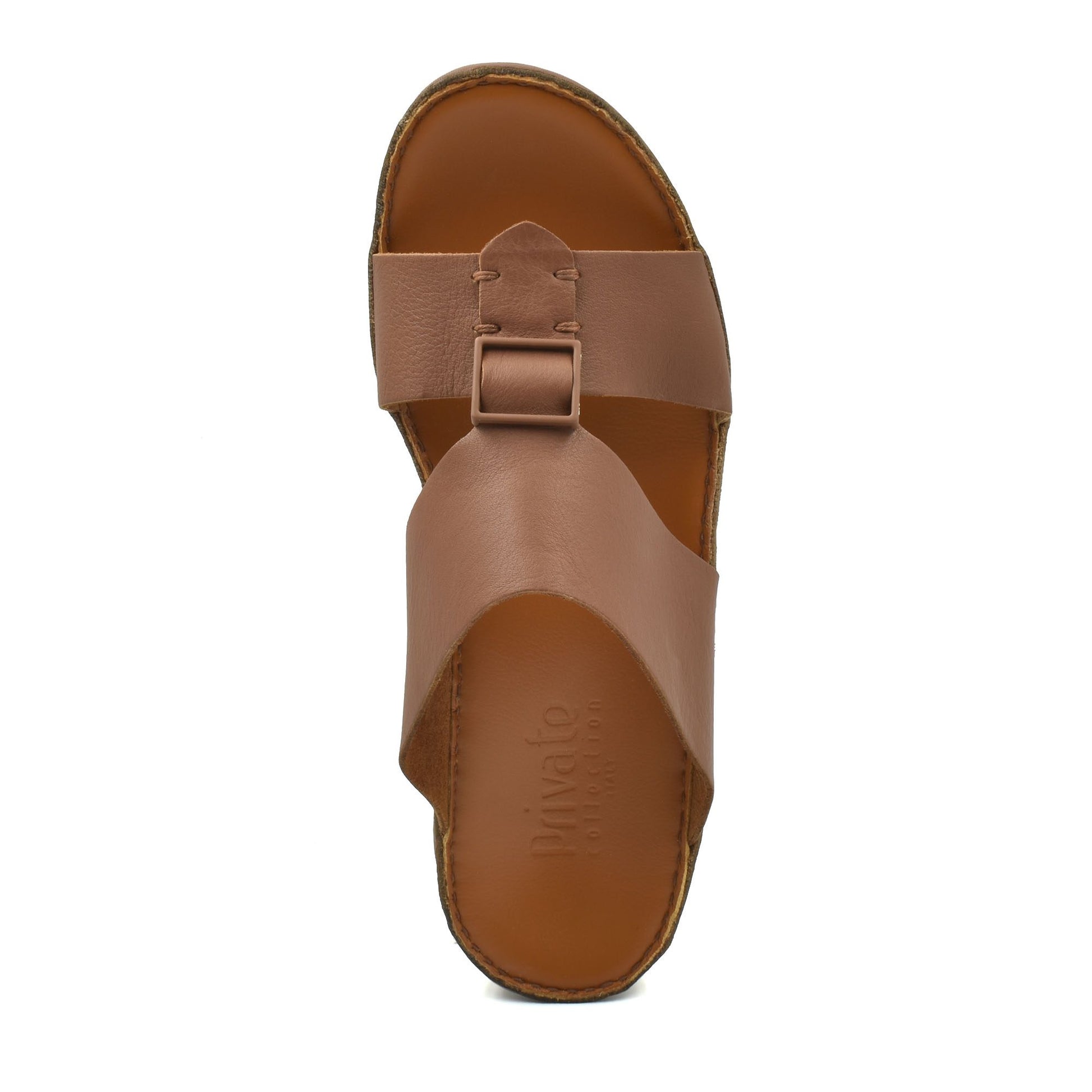 Top view of brown classic leather sandals with buckle strap from Private Collection