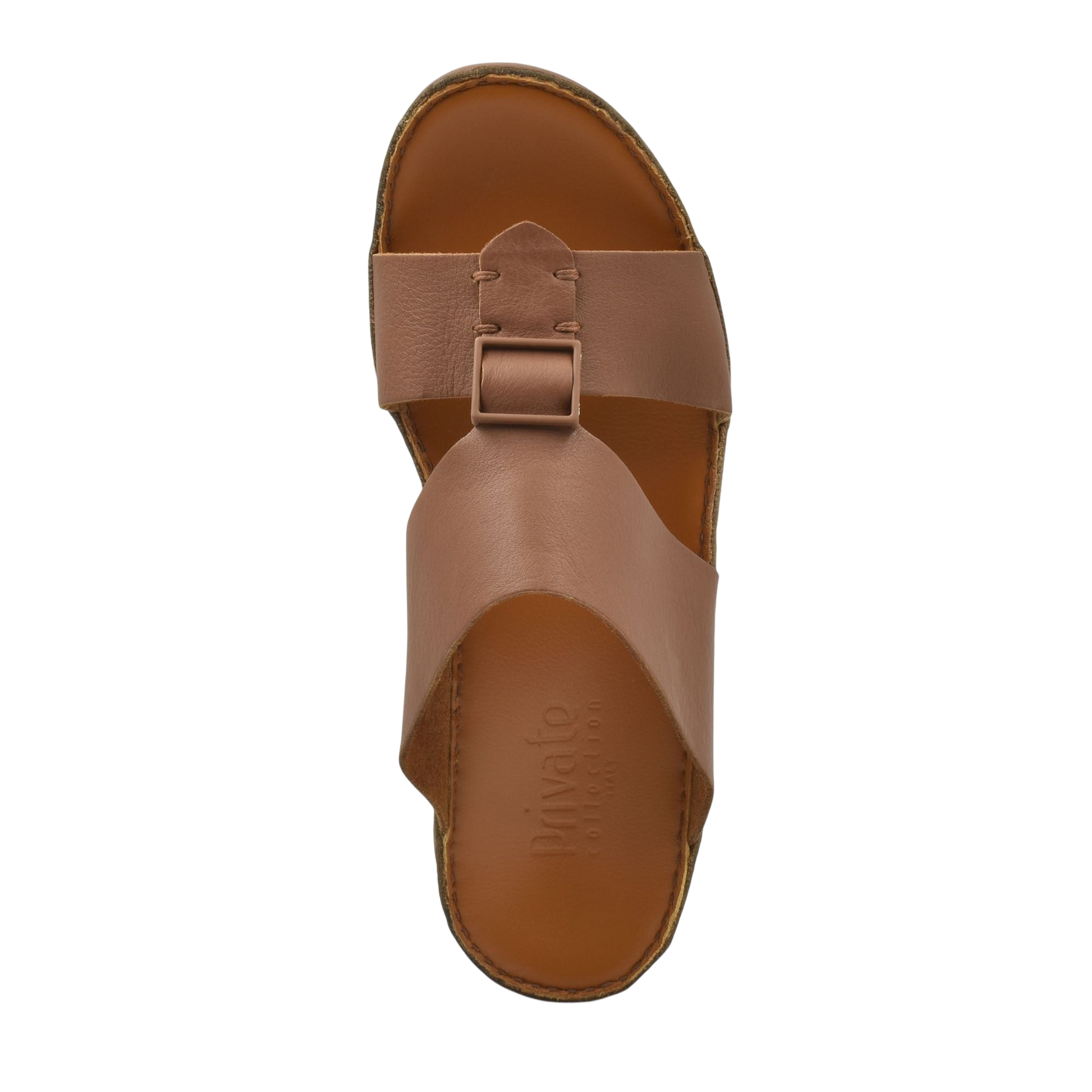 Top view of brown classic leather sandals with buckle strap from Private Collection