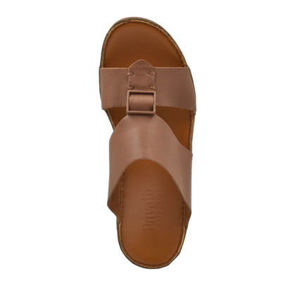 Top view of brown classic leather sandals with buckle strap from Private Collection