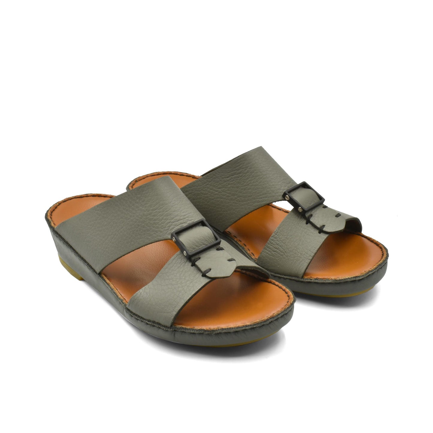 Classic leather sandals in gray with adjustable buckles and cushioned brown footbed