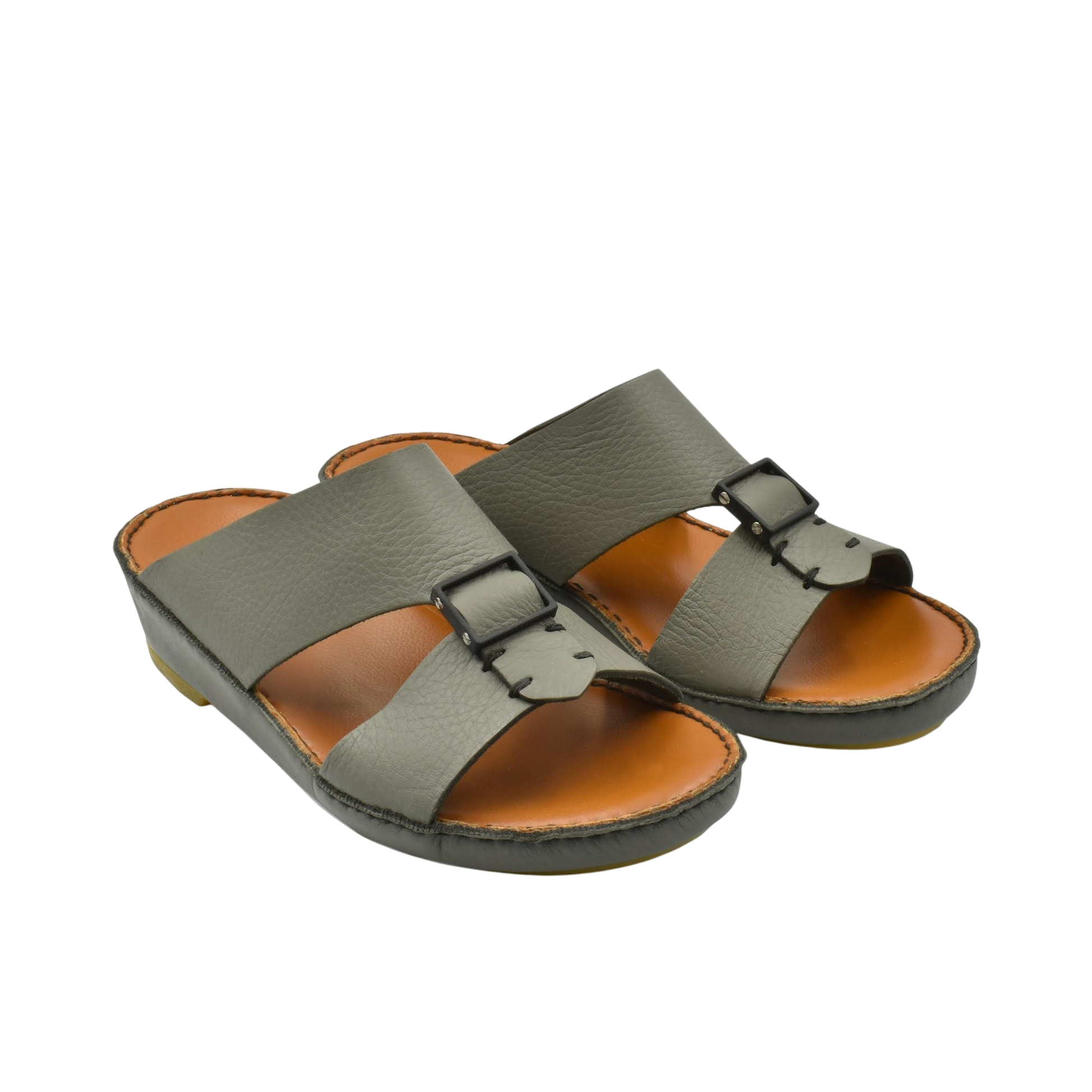 Classic leather sandals in gray with adjustable buckles and cushioned brown footbed
