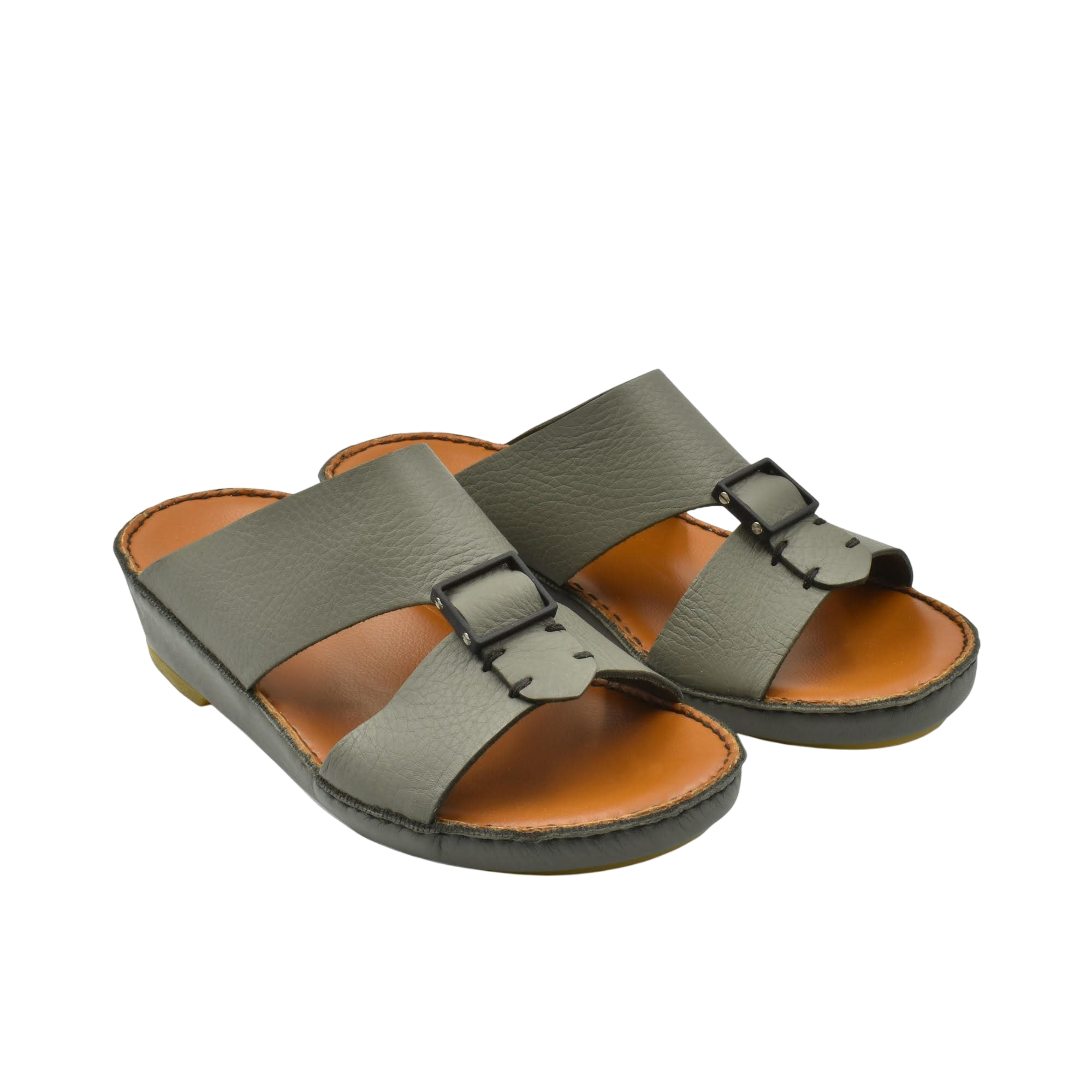 Classic leather sandals in gray with adjustable buckles and cushioned brown footbed