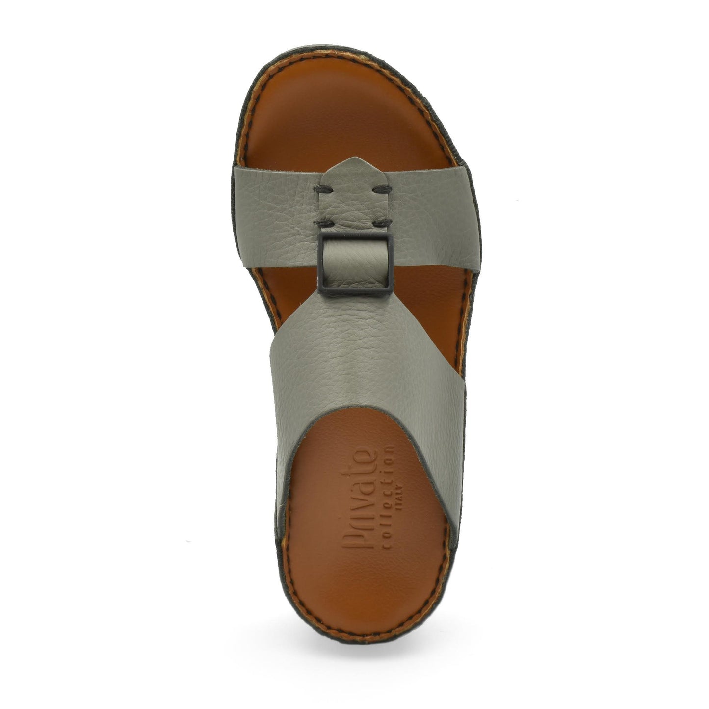 Private Collection classic leather sandals in gray with buckle strap and brown footbed