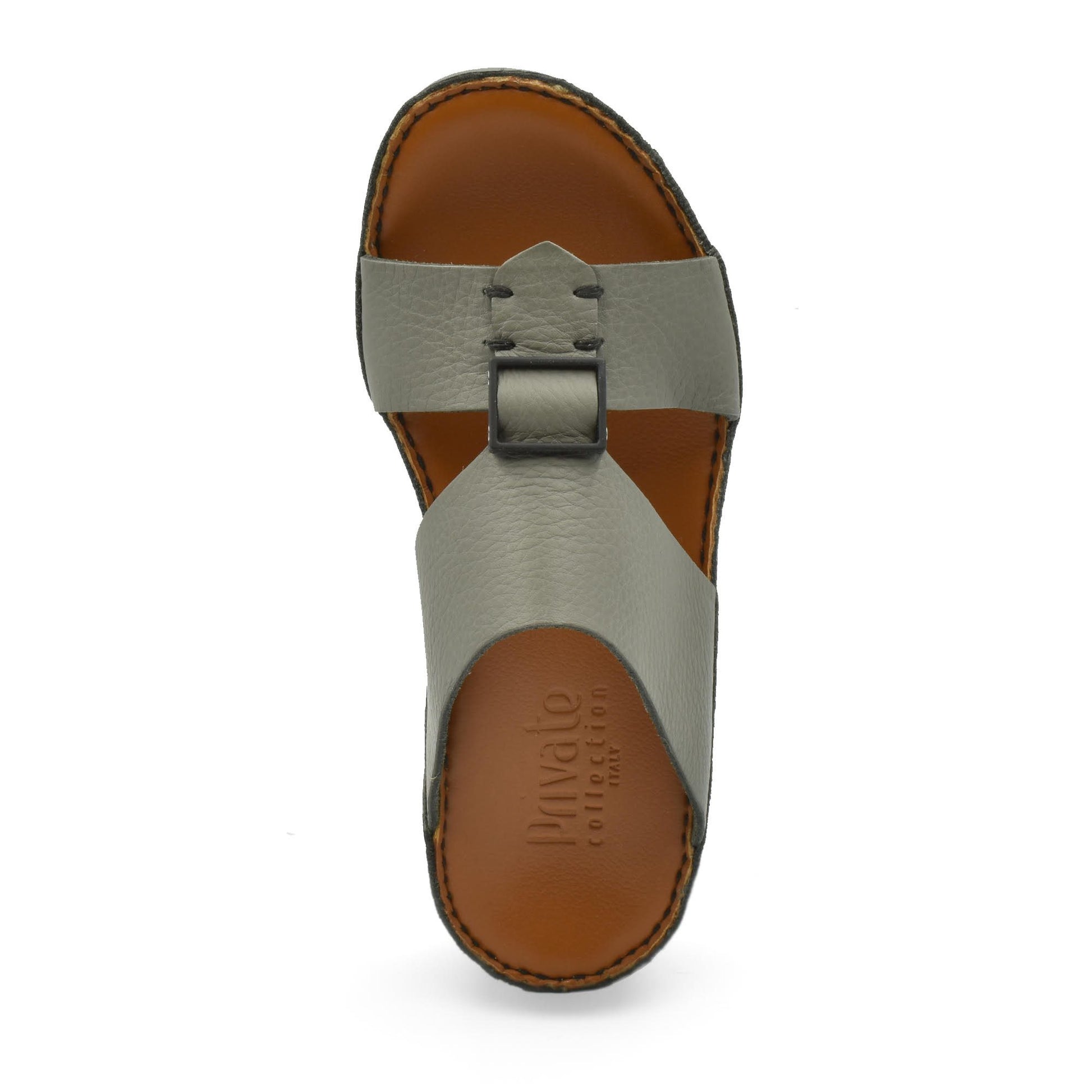 Private Collection classic leather sandals in gray with buckle strap and brown footbed