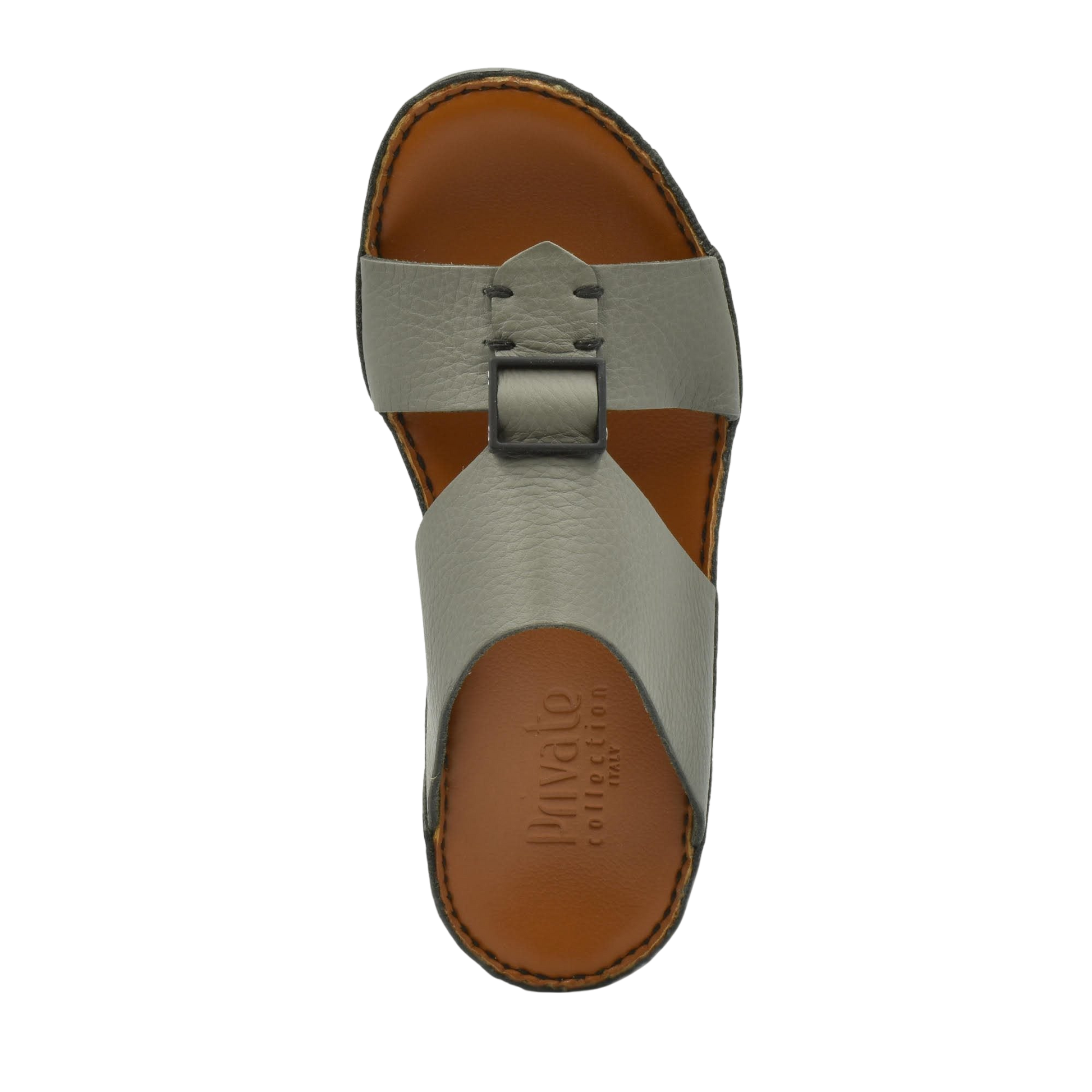 Private Collection classic leather sandals in gray with buckle strap and brown footbed