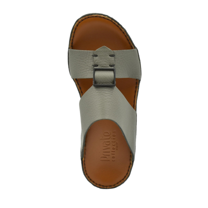 Private Collection classic leather sandals in gray with buckle strap and brown footbed