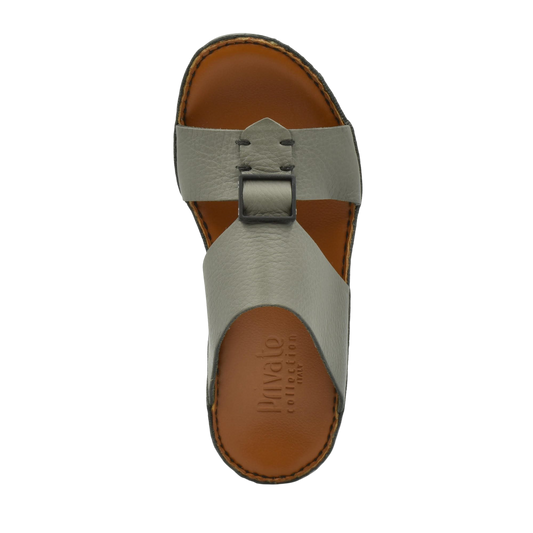 Private Collection classic leather sandals in gray with buckle strap and brown footbed