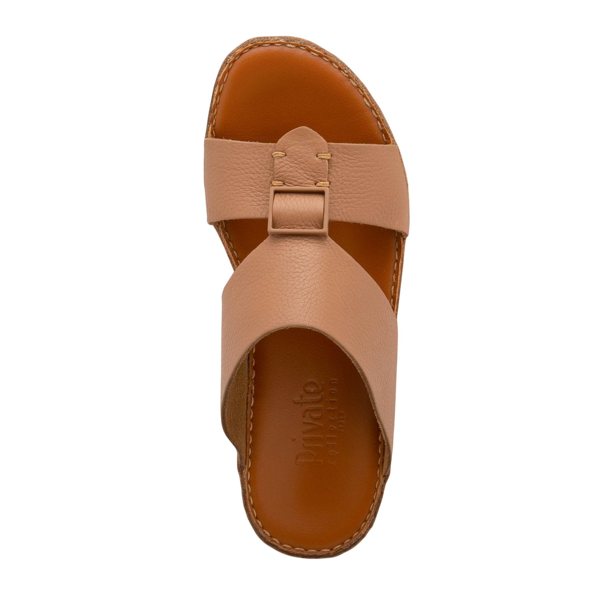 Private Collection classic leather sandals in tan with wide straps and buckle detail