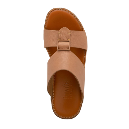 Private Collection classic leather sandals in tan with wide straps and buckle detail
